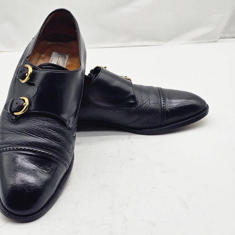 Mezlan Double Monk Strap Men 10.5 Black Leather Cap Toe Gold Buckle Shoes